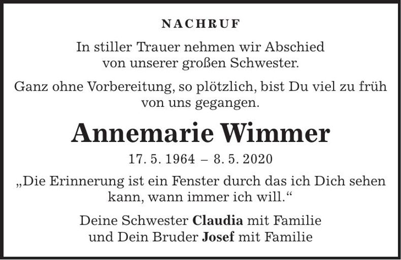 Traueranzeige Annemarie Wimmer