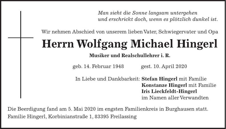 Traueranzeige Wolfgang Hingerl