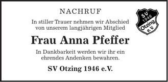 Traueranzeige Anna Pfeffer