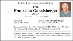 Traueranzeige Franziska Gabelsberger