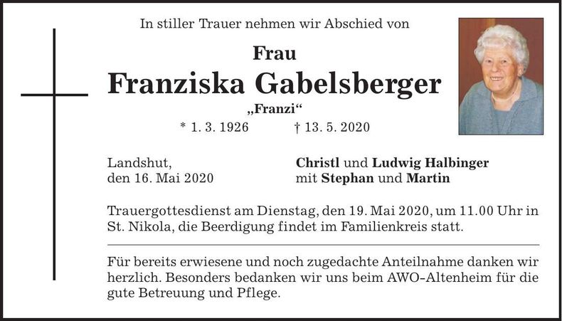 Traueranzeige Franziska Gabelsberger