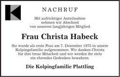 Traueranzeige Christa Habeck