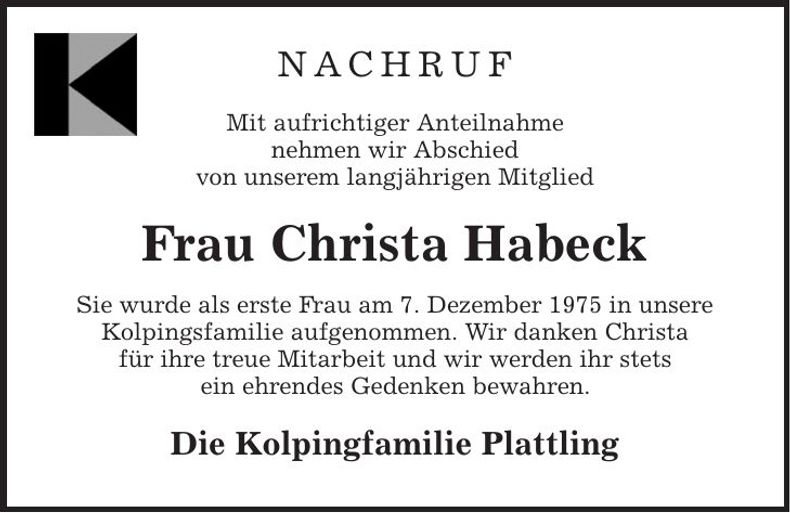 Traueranzeige Christa Habeck