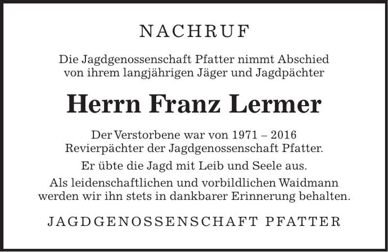 Traueranzeige Franz Lermer