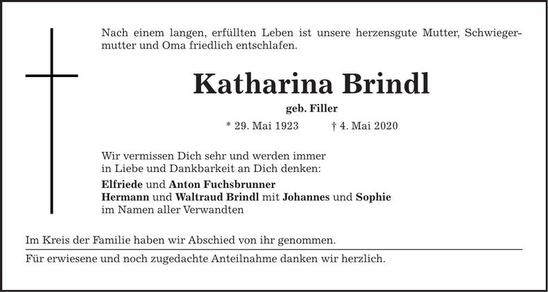 Traueranzeige Katharina Brindl