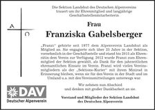 Traueranzeige Franziska Gabelsberger