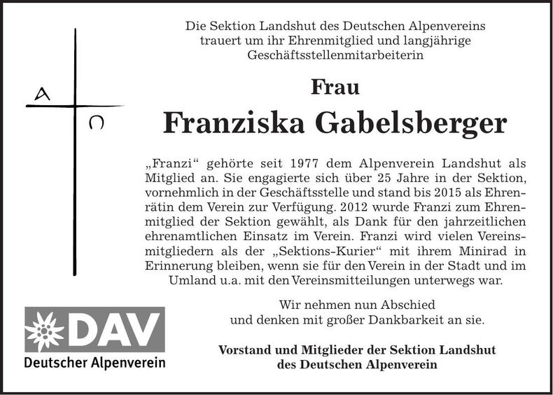 Traueranzeige Franziska Gabelsberger