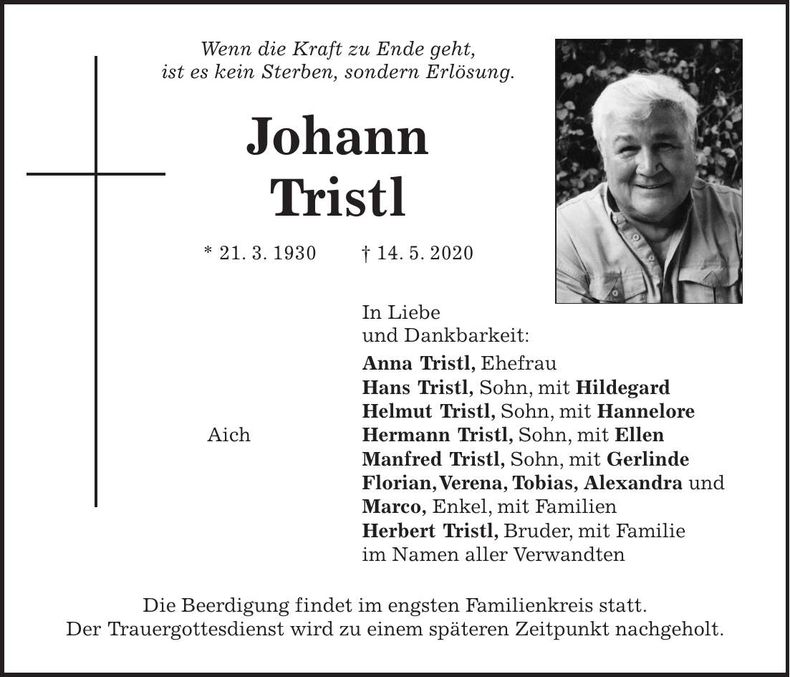 Traueranzeige Johann Tristl