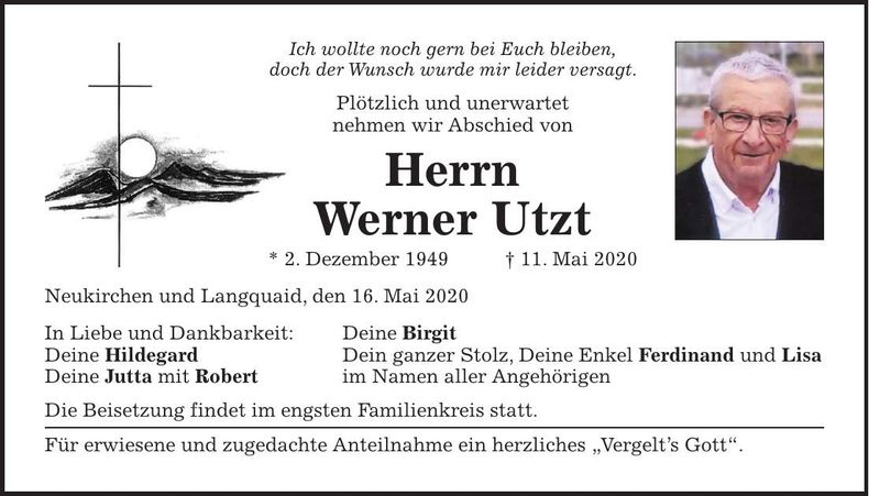 Traueranzeige Werner Utzt