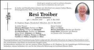 Traueranzeige Resi Troiber
