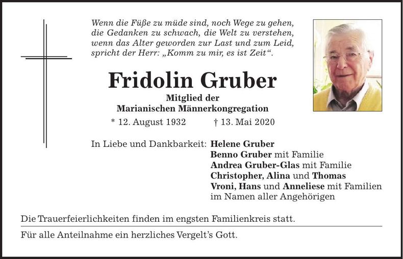 Traueranzeige Fridolin Gruber