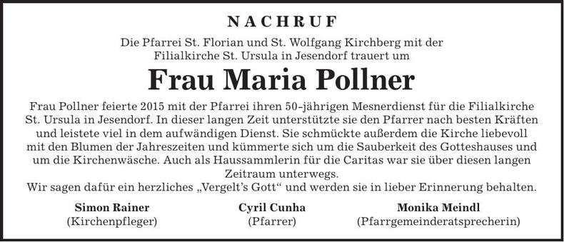Traueranzeige Maria Pollner