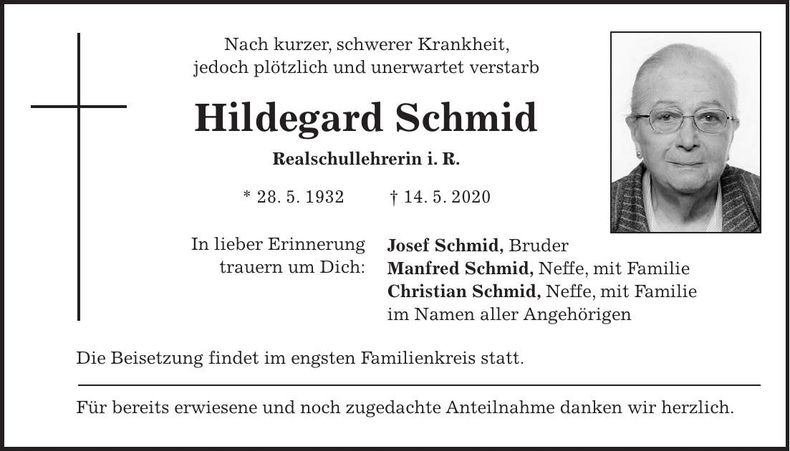 Traueranzeige Hildegard Schmid