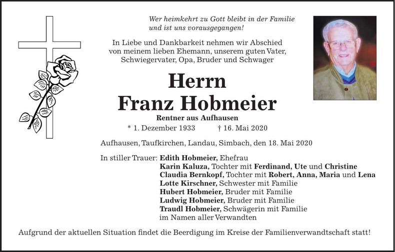 Traueranzeige Franz Hobmeier