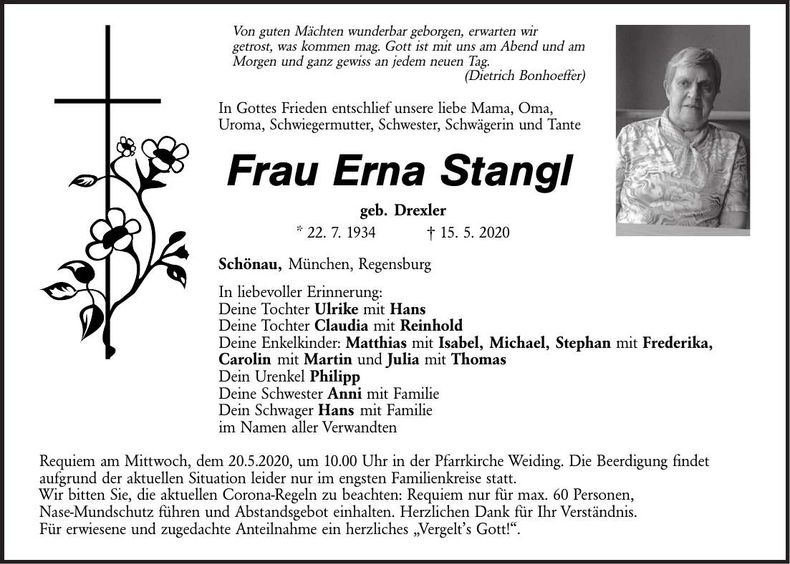 Traueranzeige Erna Stangl