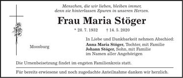 Traueranzeige Maria Stöger