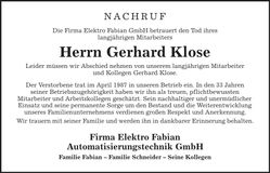 Traueranzeige Gerhard Klose