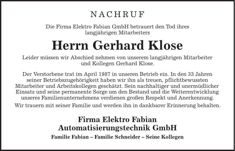 Traueranzeige Gerhard Klose