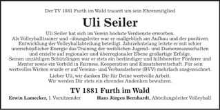 Traueranzeige Uli Seiler