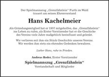Traueranzeige Hans Kachelmeier