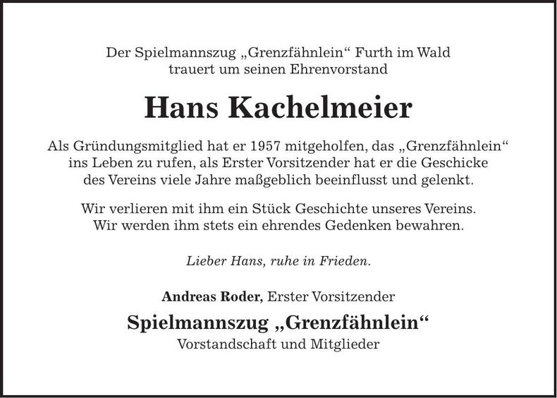 Traueranzeige Hans Kachelmeier