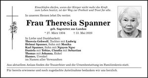 Traueranzeige Theresia Spanner