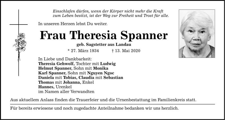 Traueranzeige Theresia Spanner