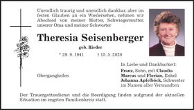 Traueranzeige Theresia Seisenberger
