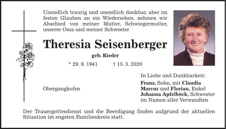 Traueranzeige Theresia Seisenberger