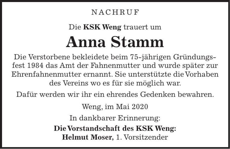 Traueranzeige Anna Stamm