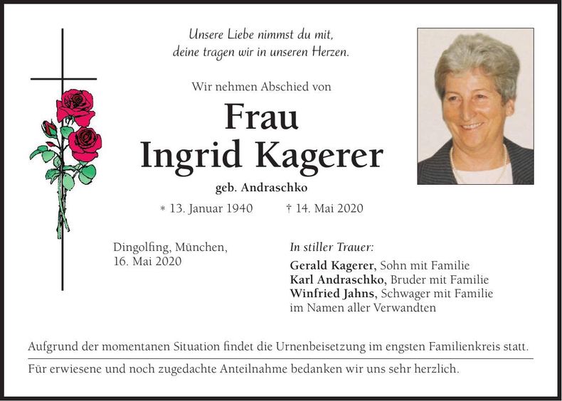 Traueranzeige Ingrid Kagerer