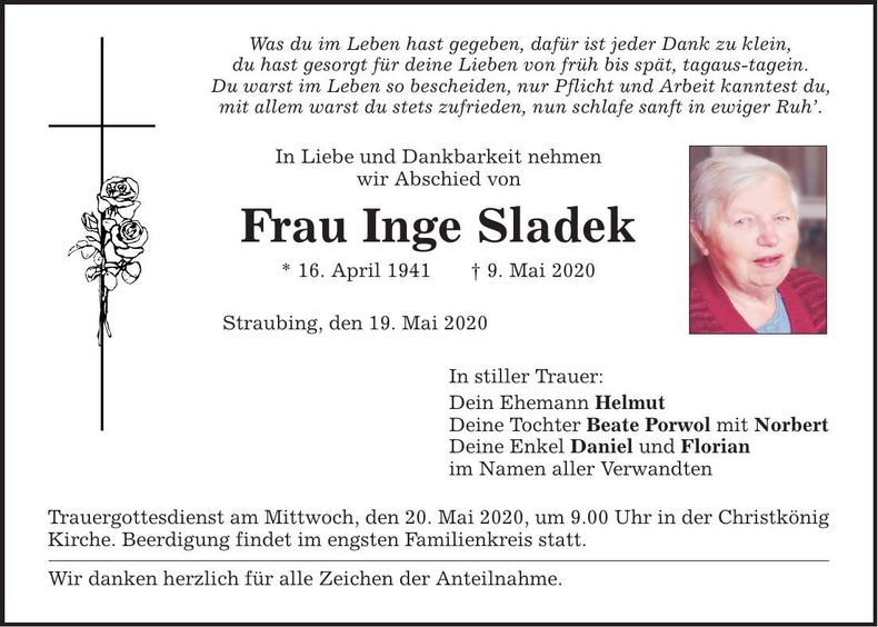 Traueranzeige Inge Sladek