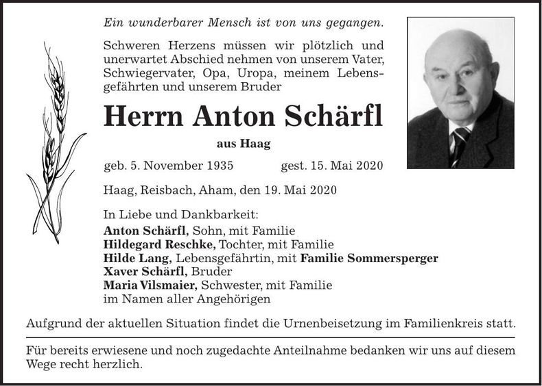 Traueranzeige Anton Schärfl