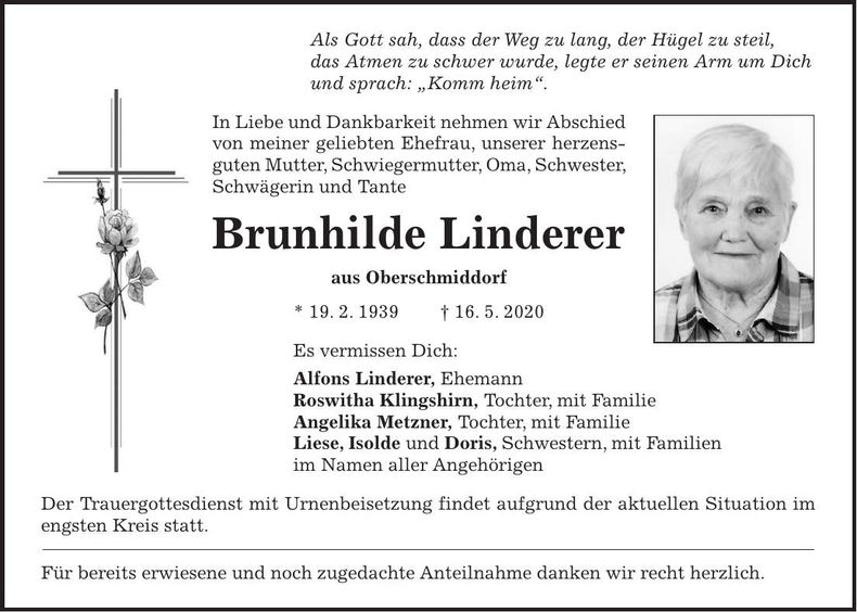 Traueranzeige Brunhilde Linderer