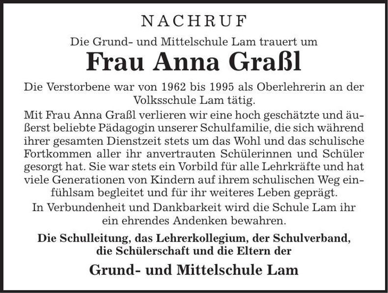 Traueranzeige Anna Graßl