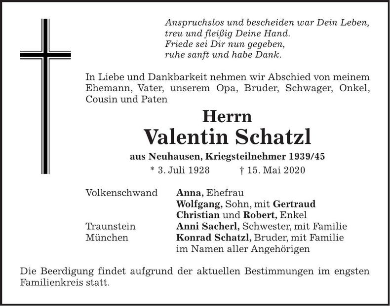 Traueranzeige Valentin Schatzl