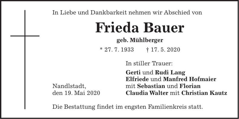 Traueranzeige Frieda Bauer