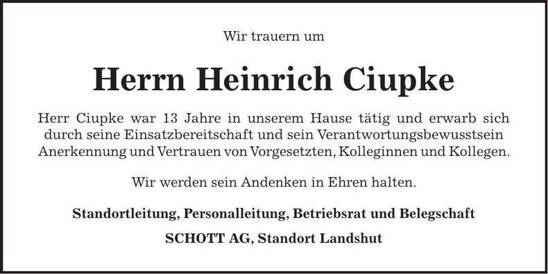 Traueranzeige Heinrich Ciupke
