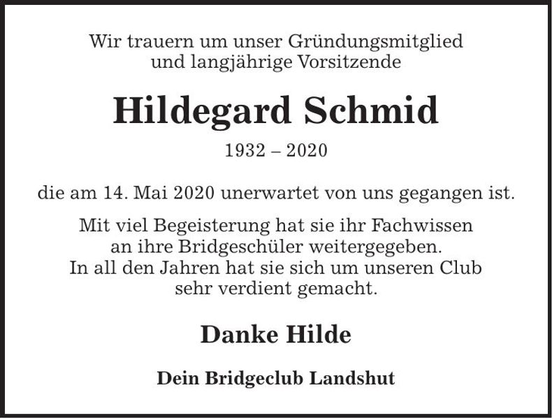 Traueranzeige Hildegard Schmid