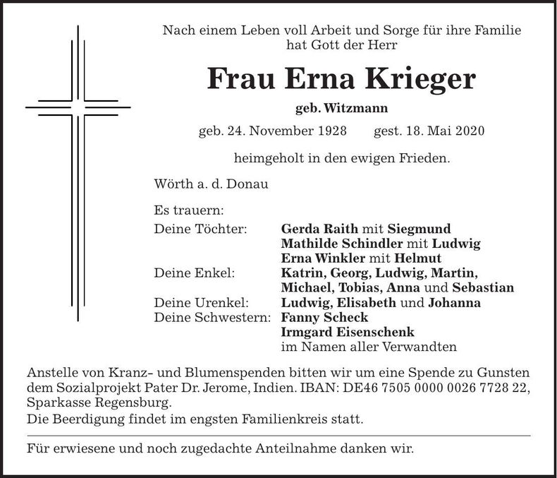 Traueranzeige Erna Krieger
