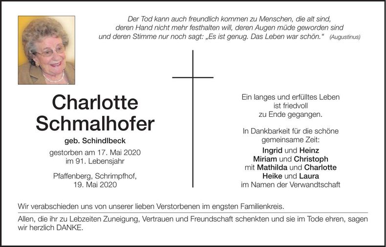 Traueranzeige Charlotte Schmalhofer