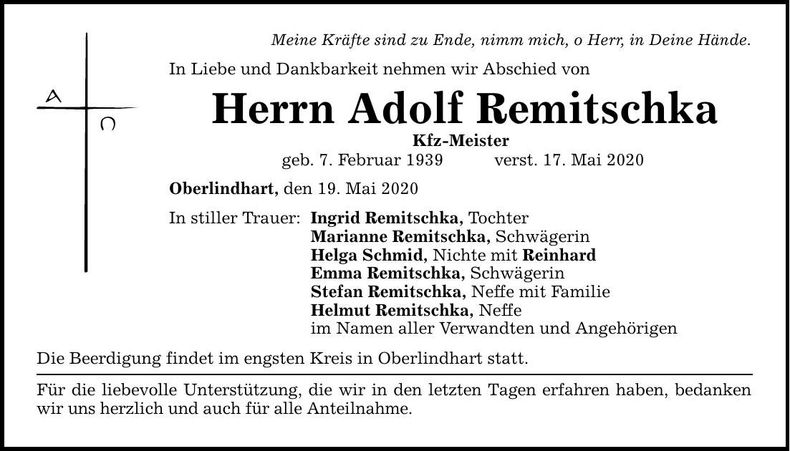 Traueranzeige Adolf Remitschka
