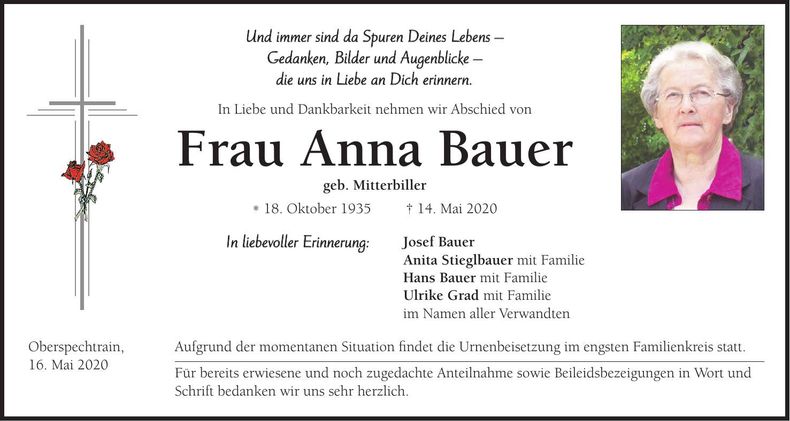 Traueranzeige Anna Bauer