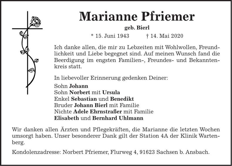 Traueranzeige Marianne Pfriemer
