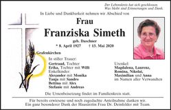 Traueranzeige Franziska Simeth