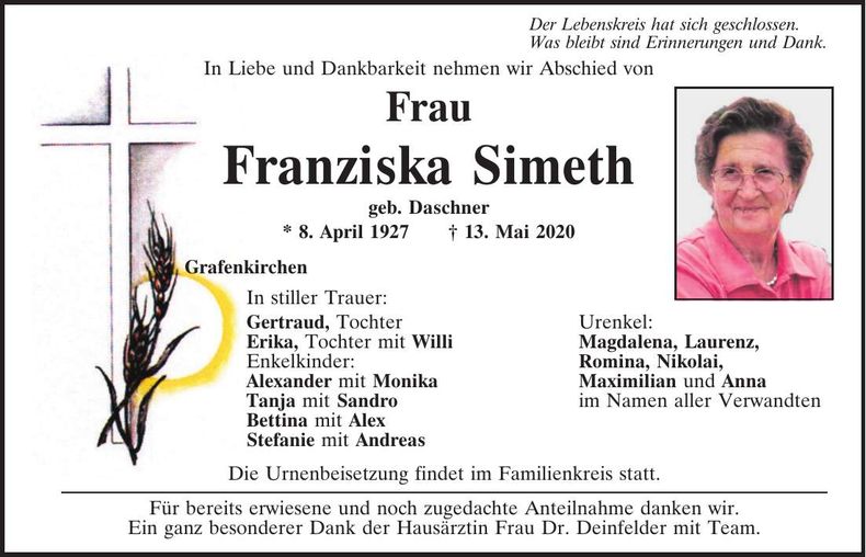 Traueranzeige Franziska Simeth