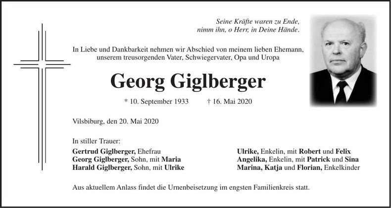 Traueranzeige Georg Giglberger