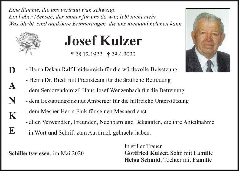Traueranzeige Josef Kulzer