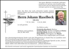 Traueranzeige Johann Haselbeck
