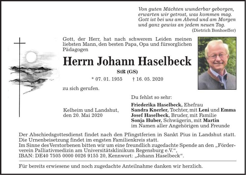 Traueranzeige Johann Haselbeck